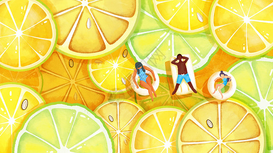 切片柠檬夏天泳池假期柠檬水果手绘风横版插画插画