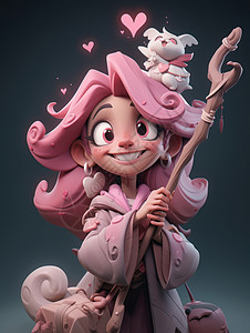 拿着魔法手杖粉色长发可爱的卡通小魔女IP高清图片