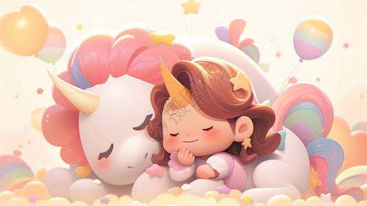 童话小公主云朵上卡通小女孩与角马依偎在一起睡觉插画