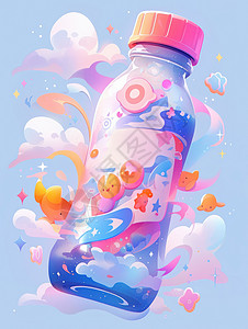 复合果汁蓝色系可爱的时尚卡通饮料海报插画