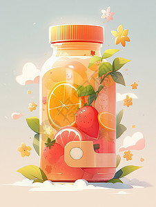 橙汁包装可爱的卡通透明小瓶子中装满新鲜水果茶插画