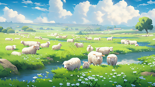 草原和羊吃草的羊群插画