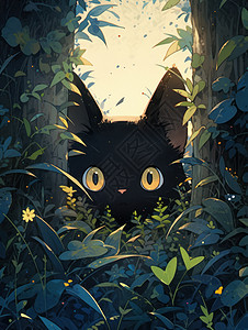 可爱的大眼睛黑色小猫躲在树后面图片