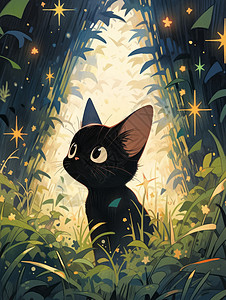 猫抬头在草丛中抬头仰望星星的可爱卡通小黑猫插画