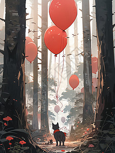 在森林中飞着红色气球与小小的黑猫儿童插画图片