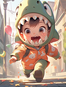 玩偶衣服戴着恐龙头套开心奔跑在街上的卡通小男孩插画
