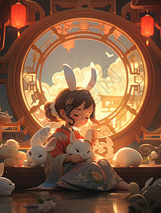古风素材耳朵兔子耳朵可爱的卡通汉服女孩抱着兔子插画