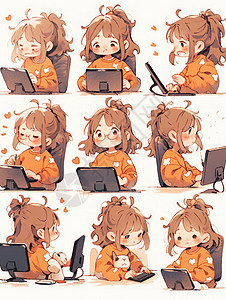 坐在电脑前认真工作的可爱卡通小女孩表情包背景图片