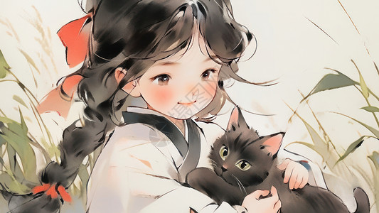 传统水墨风可爱的小女孩与黑色猫图片
