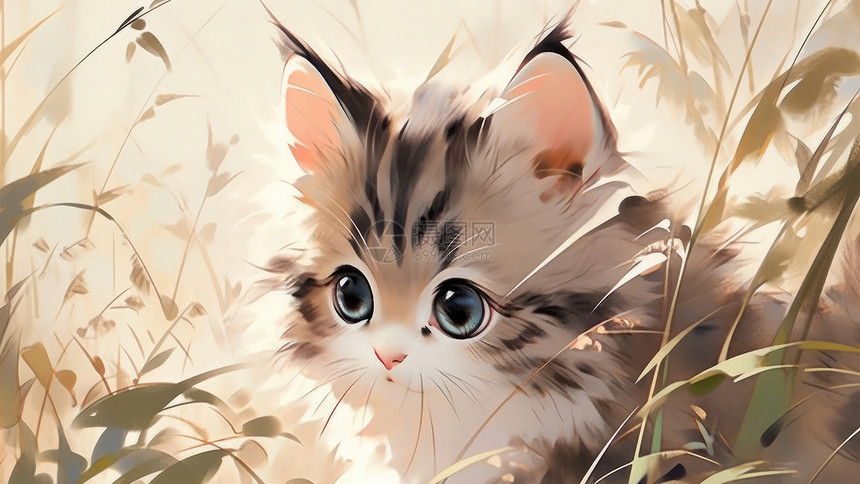 可爱的小猫在草丛中传统水墨风图片