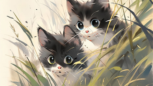 两只可爱的卡通小猫在草丛中传统水墨风图片