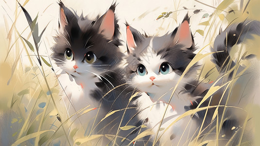 草丛中两只大眼睛可爱的水墨风小猫图片