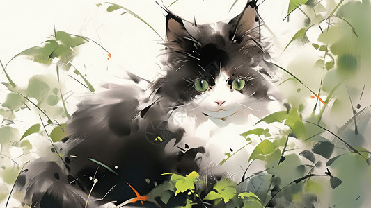 躺在草丛中一只可爱的黑白色水墨风小猫在草丛中插画