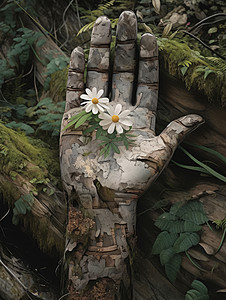 原始森林中木质伸开的手掌心长出小雏菊花朵背景图片