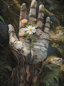 森林中木质的手心长出花朵背景图片