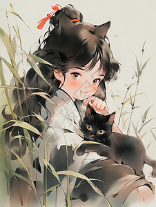 抱着黑色猫在草丛中的可爱水墨古风女孩图片