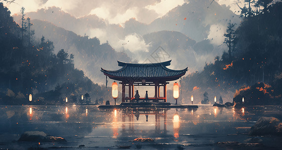 八坂神社夜景湖中新中式的观赏亭插画
