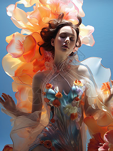 透明网纱素材时尚的女人穿着浪漫漂亮的花朵礼服裙插画