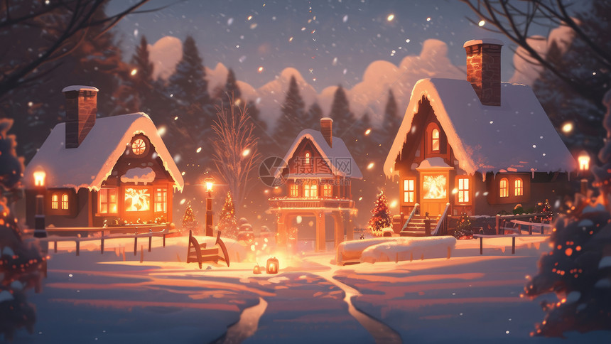 傍晚雪中亮着灯温馨的卡通小木屋图片