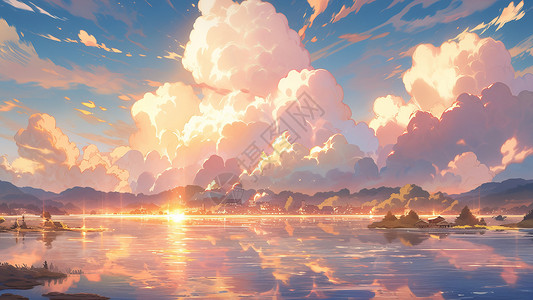 高高的云朵下美丽的夕阳卡通风景图片