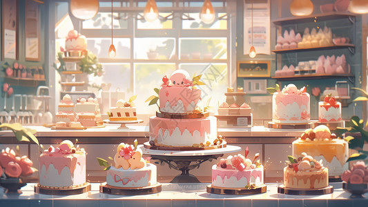 甜品橱窗有各种美味蛋糕卡通商店插画
