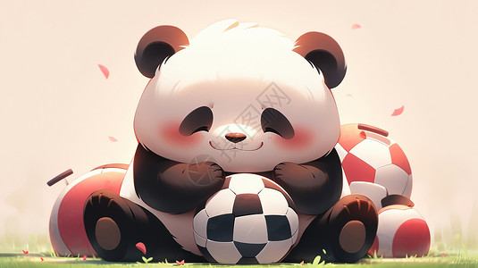 坐在地上玩足球的可爱卡通熊猫高清图片
