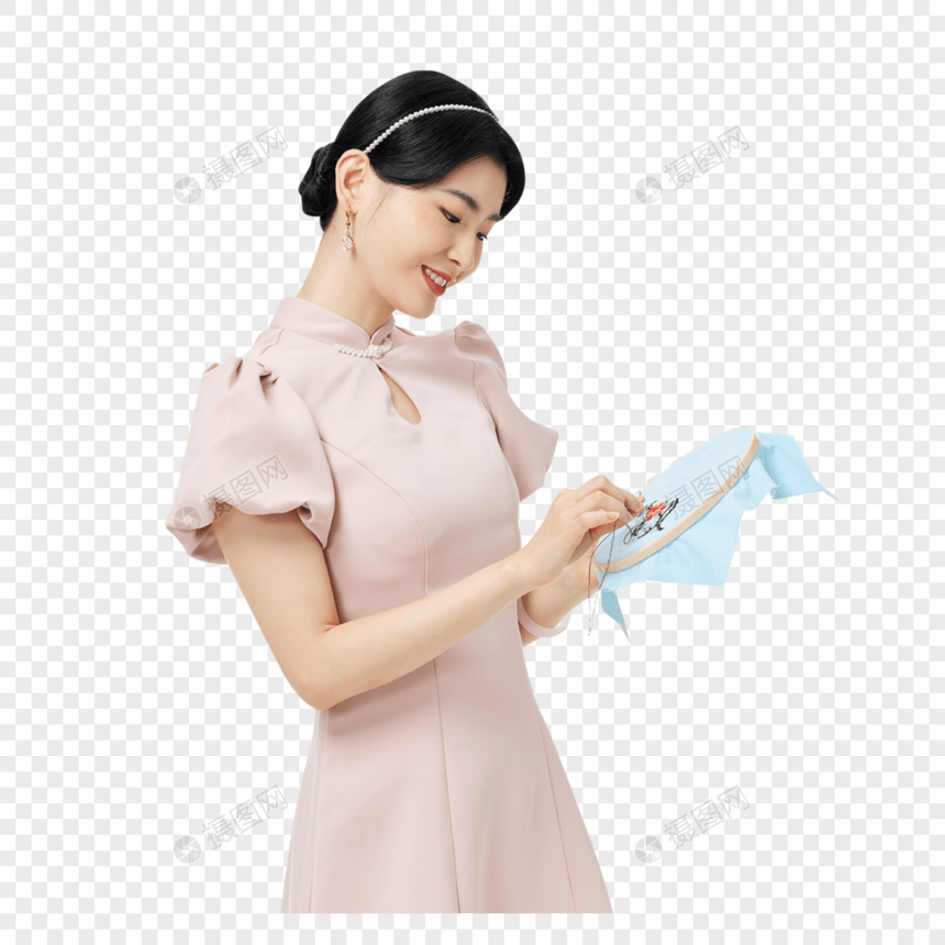 穿着新中式旗袍的女性刺绣图片