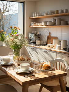 木质双层桌子木质餐桌上放着美食与开放式厨房插画