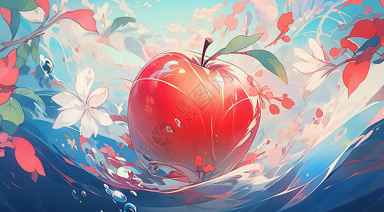 清新水中的红苹果背景图片