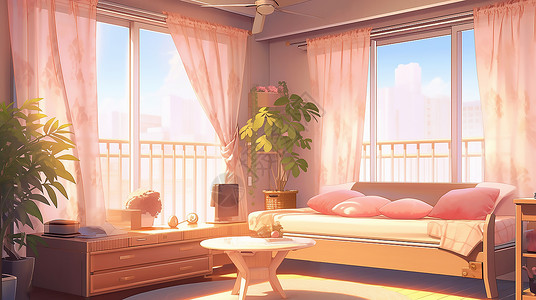床窗阳光下的客厅插画