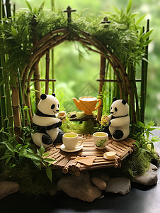微观三只可爱的熊猫花园喝茶图片