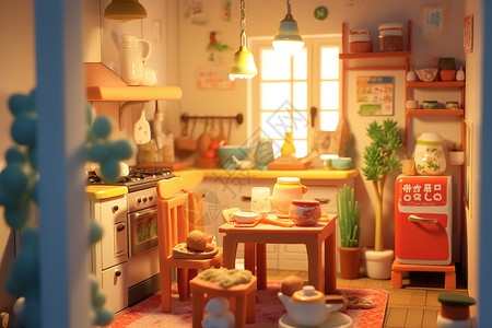 食物模型可爱温暖的迷你小厨房插画