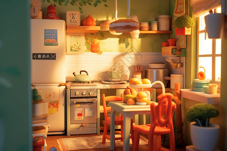 迷你冰箱可爱温暖小厨房插画