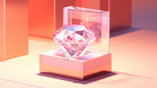 3d钻石素材粉色透明钻石礼盒3D插画
