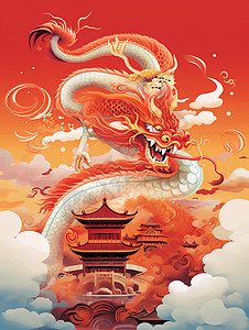 龙抬头节日海报中国新年龙古风建筑插画