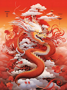 红色龙年矢量新年元素中国新年龙古风插画背景插画