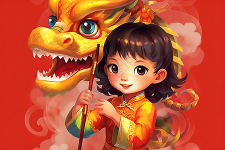 龙年春节祝福红色喜庆女孩舞龙中国新年祝福插画