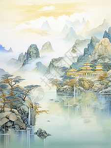 水墨烟中国建筑静水山景诗意山水插画插画