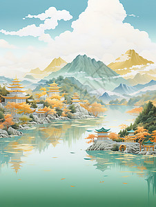 诗意中国中国建筑静水山景插画插画