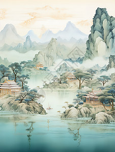 古风素材烟中国建筑诗意山水插画插画