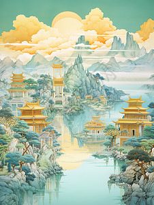 水墨素材烟中国建筑诗意云端祥瑞插画插画