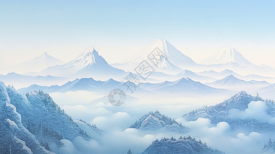 云雾缭绕的松林淡蓝色简约中国山水画插画