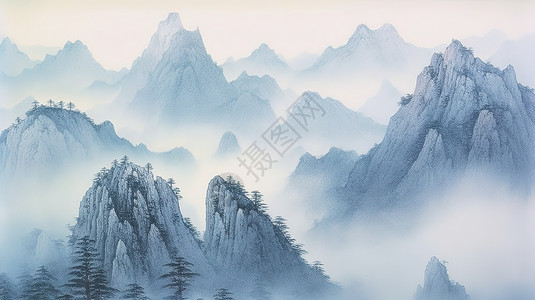 云雾缭绕的松林淡蓝色中国风群山插画插画