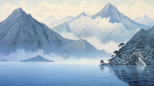 云绕雪山顶淡蓝色湖边中国山水画插画