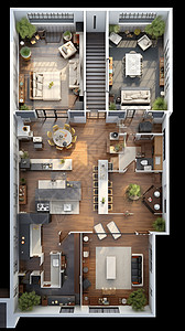 都市公寓大平层室内装修样板间效果图插画