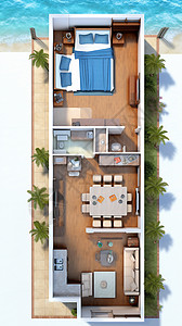 别墅俯视图热带大空间室内装修设计效果图插画