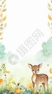 绘本可爱小鹿水彩风边框设计背景图片