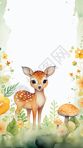 花样设计素材蘑菇丛林可爱小鹿绘本边框设计插画