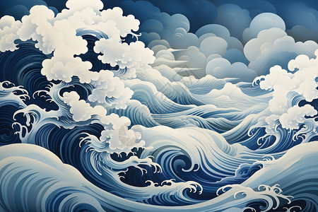 中国风海祥云图案蓝色创意壁纸插画