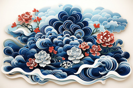 祥云图案蓝色花朵创意壁纸背景图片